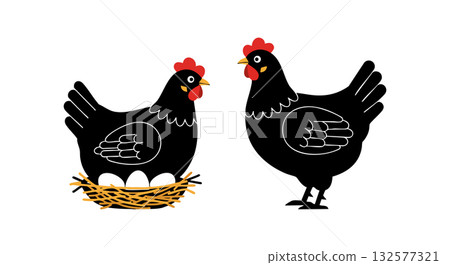 Black Chickens with Red Combs Sitting and Standing on Nest with Eggs Vector Illustration 132577321