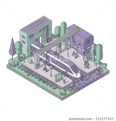 Modern high speed train at station with urban buildings and green trees vector illustration Modern high speed train at station with urban buildings and green trees vector illustration 132577327