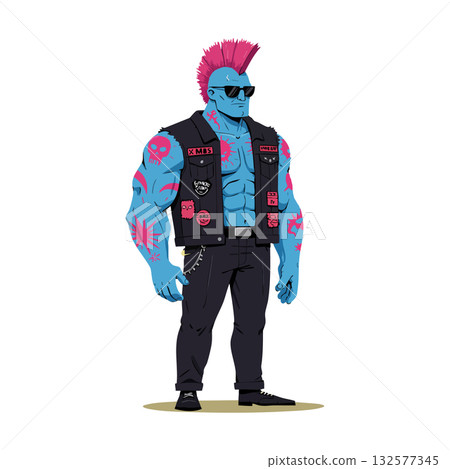 Punk rock character with blue skin pink mohawk and black vest vector illustration 132577345