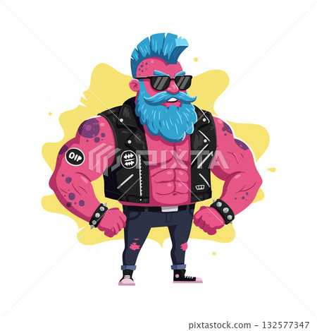 Muscular punk man with blue mohawk and beard in leather vest and sunglasses vector illustration 132577347