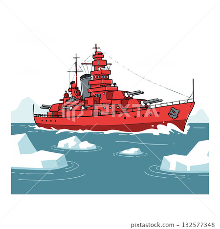Red battleship sailing through icy ocean with detailed deck and turrets vector illustration 132577348