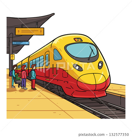 High speed yellow and red train arriving platform with waiting passengers vector illustration 132577350