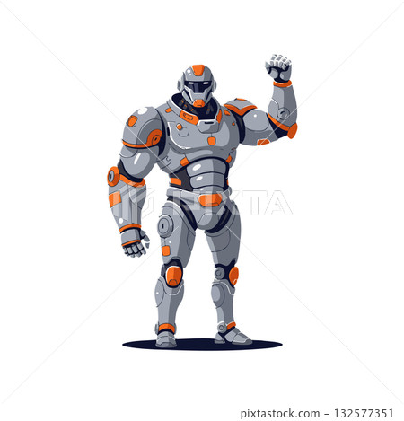Futuristic robot warrior in gray and orange armor raising fist vector illustration 132577351