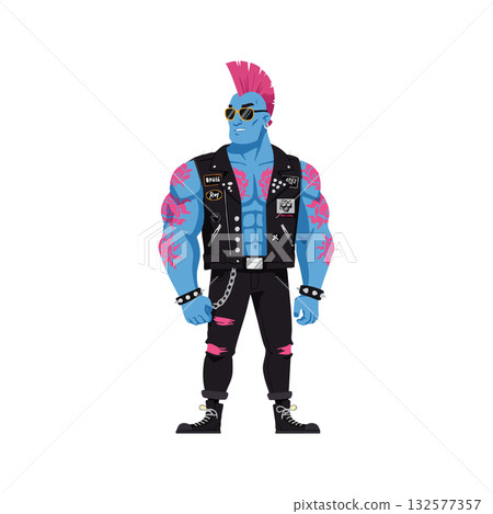 Blue muscular punk character with pink mohawk and sunglasses in edgy fashion vector illustration Blue muscular punk character with pink mohawk and sunglasses in edgy fashion vector illustration 132577357