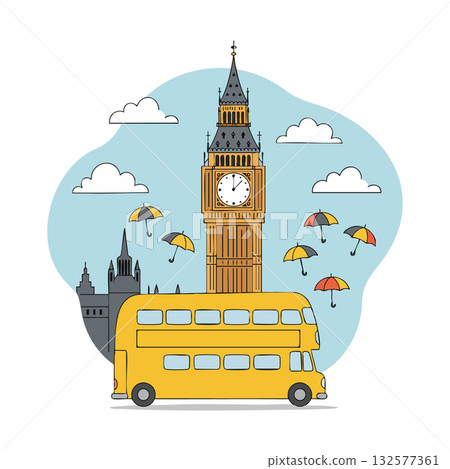 Big Ben London landmark with yellow double decker bus and colorful umbrellas vector illustration Big Ben London landmark with yellow double decker bus and colorful umbrellas vector illustration 132577361