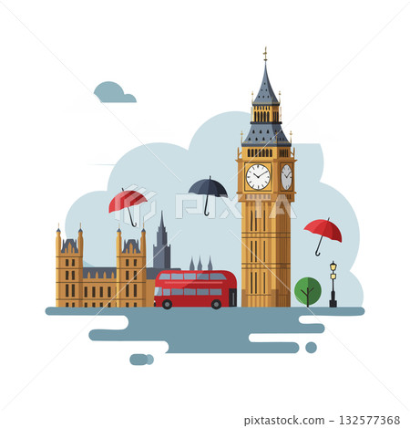 Big Ben London landmark with red double decker bus and floating umbrellas illustration vector Big Ben London landmark with red double decker bus and floating umbrellas illustration vector 132577368