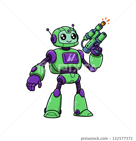 Friendly green and purple robot holding futuristic ray gun cartoon vector illustration 132577372