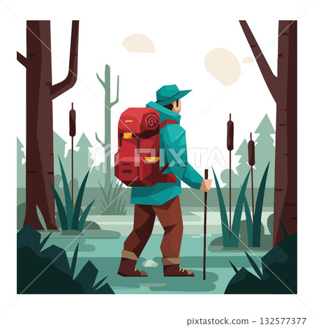 Hiker with red backpack walking in forest landscape with green trees and cattails vector illustration Hiker with red backpack walking in forest landscape with green trees and cattails vector illustration 132577377