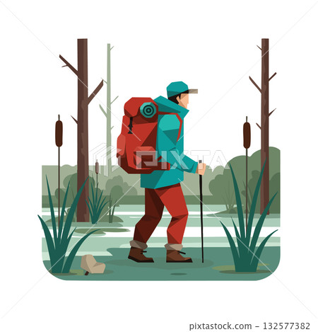 Hiker with backpack walking in forest landscape nature outdoor adventure vector illustration 132577382