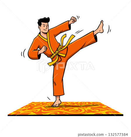 Man in orange karate gi practicing martial arts high kick on patterned mat vector illustration Man in orange karate gi practicing martial arts high kick on patterned mat vector illustration 132577384