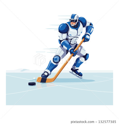 Ice hockey player in blue and white protective gear skating on ice rink vector illustration 132577385