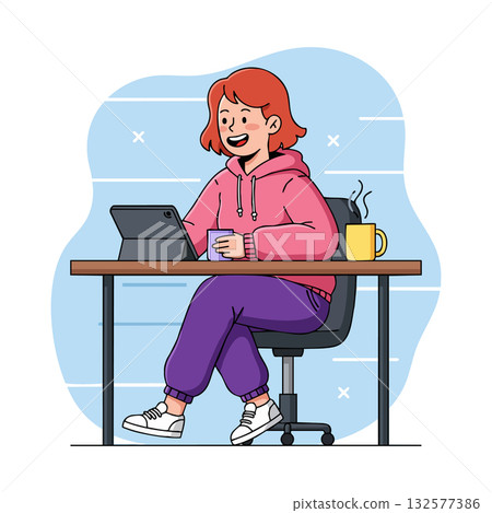 Young woman sitting at desk using tablet and holding cup with hot drink vector illustration Young woman sitting at desk using tablet and holding cup with hot drink vector illustration 132577386