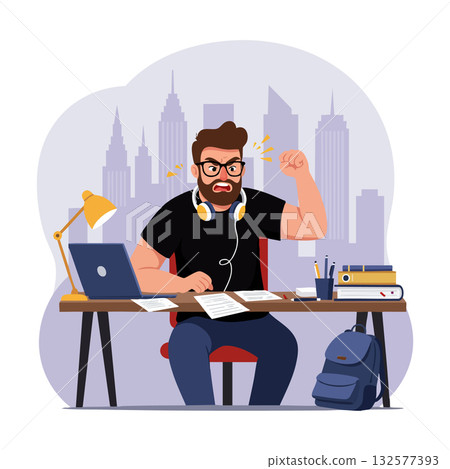 Frustrated man working at desk with laptop and books in city office vector illustration Frustrated man working at desk with laptop and books in city office vector illustration 132577393