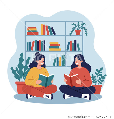 Two women reading books together sitting on floor with bookshelf and plants vector illustration 132577394