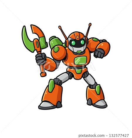 Orange and green futuristic robot holding axe vector illustration in cartoon style 132577427