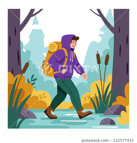 Young man hiking with backpack in autumn forest nature scene vector illustration 132577431