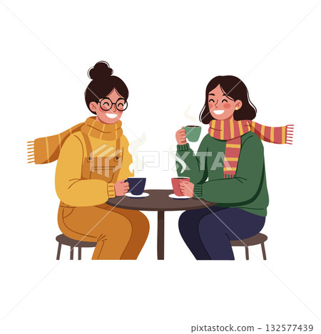 Two friends wearing scarves drinking hot beverages at cafe table vector illustration 132577439