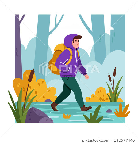 Hiker walking through forest in autumn with yellow backpack and purple hoodie vector illustration 132577440