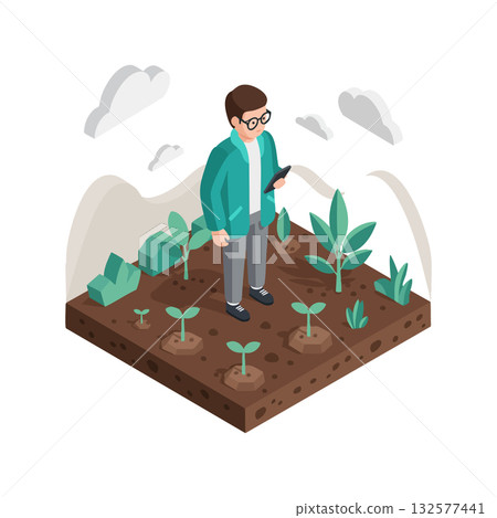 Young man using smartphone in garden tending to growing plants and seedlings vector illustration 132577441