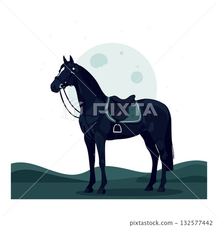 Black horse with saddle standing outdoors under full moon vector illustration Black horse with saddle standing outdoors under full moon vector illustration 132577442