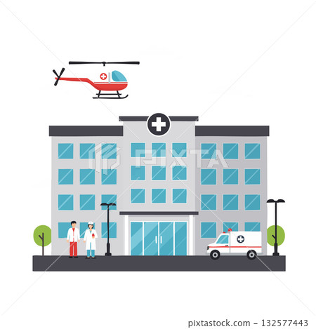 Hospital building with medical staff ambulance and helicopter emergency vector illustration Hospital building with medical staff ambulance and helicopter emergency vector illustration 132577443
