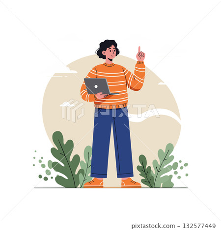 Young person standing with laptop pointing finger wearing orange sweater in outdoor setting vector illustration Young person standing with laptop pointing finger wearing orange sweater in outdoor setting vector illustration 132577449