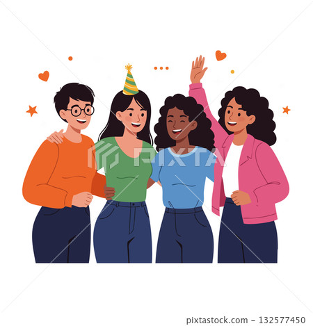 Group of diverse young women celebrating with party hat and joyful expressions vector illustration Group of diverse young women celebrating with party hat and joyful expressions vector illustration 132577450