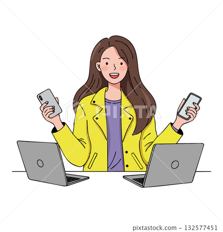 Young woman multitasking with two laptops and smartphones in yellow jacket vector illustration Young woman multitasking with two laptops and smartphones in yellow jacket vector illustration 132577451