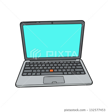 Laptop computer with blue screen and keyboard vector illustration technology device digital communication 132577453
