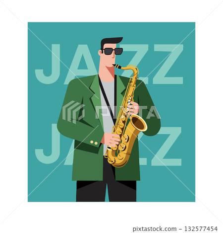 Jazz musician playing saxophone in green jacket with retro style background vector illustration 132577454