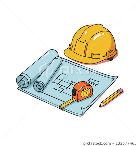 Construction helmet blueprint tape measure and pencil engineering tools vector illustration Construction helmet blueprint tape measure and pencil engineering tools vector illustration 132577463