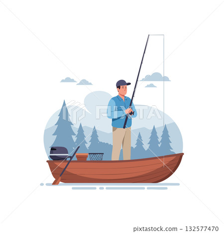 Man fishing on wooden boat in forest lake landscape with cloudy sky vector illustration Man fishing on wooden boat in forest lake landscape with cloudy sky vector illustration 132577470