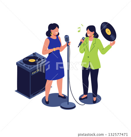 Two women singing and playing vinyl record with microphone and turntable vector illustration 132577471