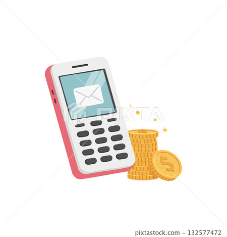 Mobile phone with envelope icon and gold coins finance communication vector illustration 132577472