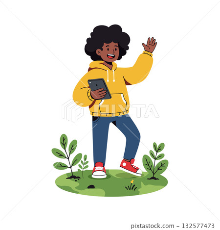 Boy Wearing Yellow Hoodie Holding Smartphone Waving Hand Outdoors Vector Illustration 132577473