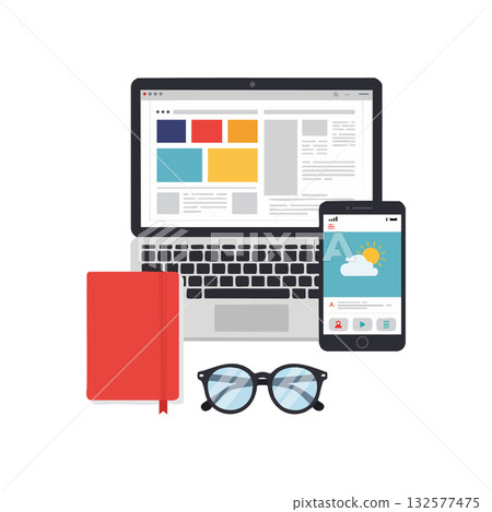 Laptop smartphone glasses and red notebook workspace setup for remote work vector illustration Laptop smartphone glasses and red notebook workspace setup for remote work vector illustration 132577475