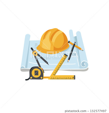 Construction tools and safety helmet with blueprint and measuring instruments vector illustration 132577497