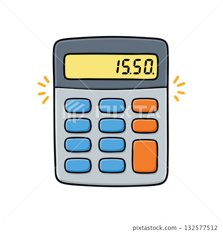 Hand-drawn calculator with blue and orange buttons showing 15.50 on screen vector illustration 132577512
