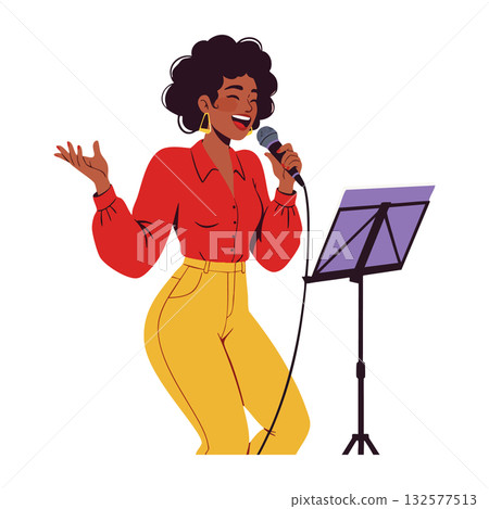 Woman singing on stage with microphone and music stand in red and yellow outfit vector illustration 132577513