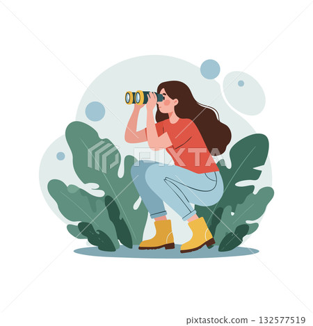 Woman in red shirt using binoculars outdoors with green plants and boots vector illustration 132577519
