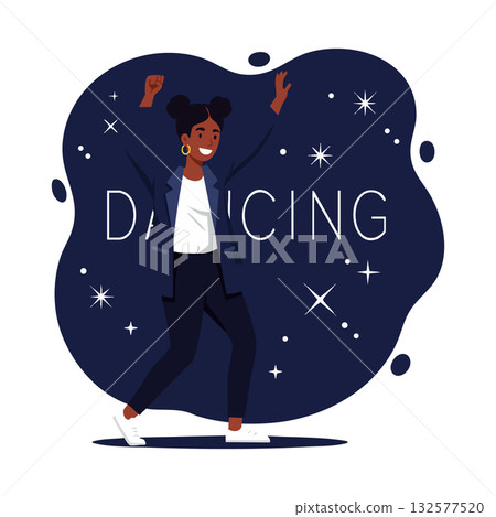 Young woman dancing happily in casual outfit with dark blue background and stars vector illustration Young woman dancing happily in casual outfit with dark blue background and stars vector illustration 132577520