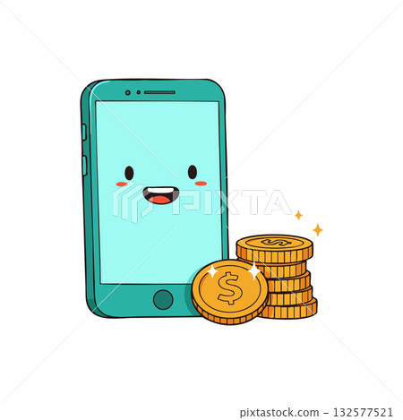 Cute smartphone with happy face and stack of golden coins digital money concept vector Cute smartphone with happy face and stack of golden coins digital money concept vector 132577521