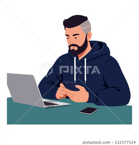 Man using smartphone and laptop wearing navy blue hoodie casual technology usage vector illustration 132577524
