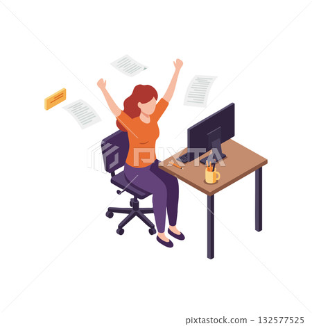 Woman celebrating success at office desk with computer and flying papers vector illustration Woman celebrating success at office desk with computer and flying papers vector illustration 132577525