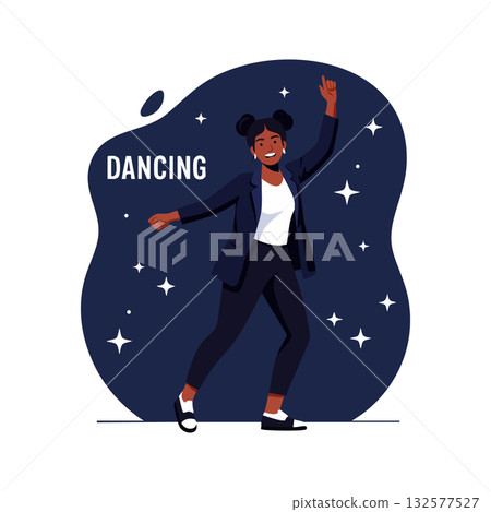 Young Black Woman Dancing Under Stars in Dark Blue Background Vector Illustration Young Black Woman Dancing Under Stars in Dark Blue Background Vector Illustration 132577527