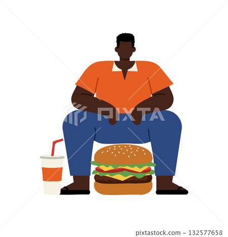 Man sitting with large hamburger and soft drink vector illustration in casual style 132577658