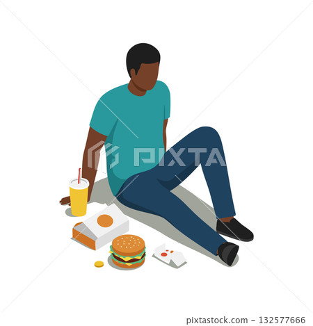 Young man sitting on floor enjoying fast food burger drink casual relaxation vector illustration 132577666