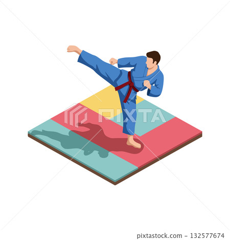 Martial artist performing high kick in blue gi on colorful mat vector illustration 132577674