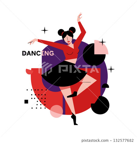 Woman dancing in red top and black skirt with abstract geometric shapes vector illustration Woman dancing in red top and black skirt with abstract geometric shapes vector illustration 132577682