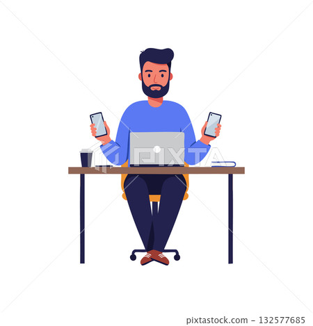 Man multitasking working on laptop holding two smartphones at office desk vector illustration Man multitasking working on laptop holding two smartphones at office desk vector illustration 132577685